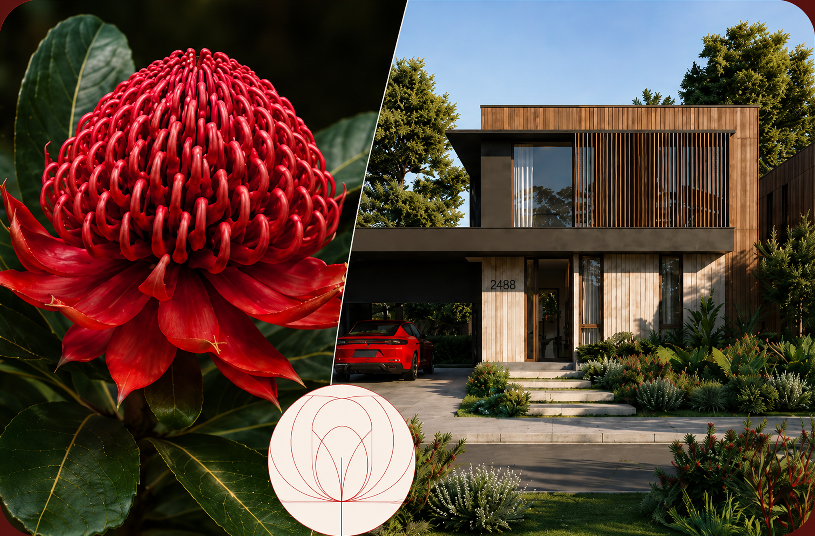 A waratah bloom beside a Curate It home
